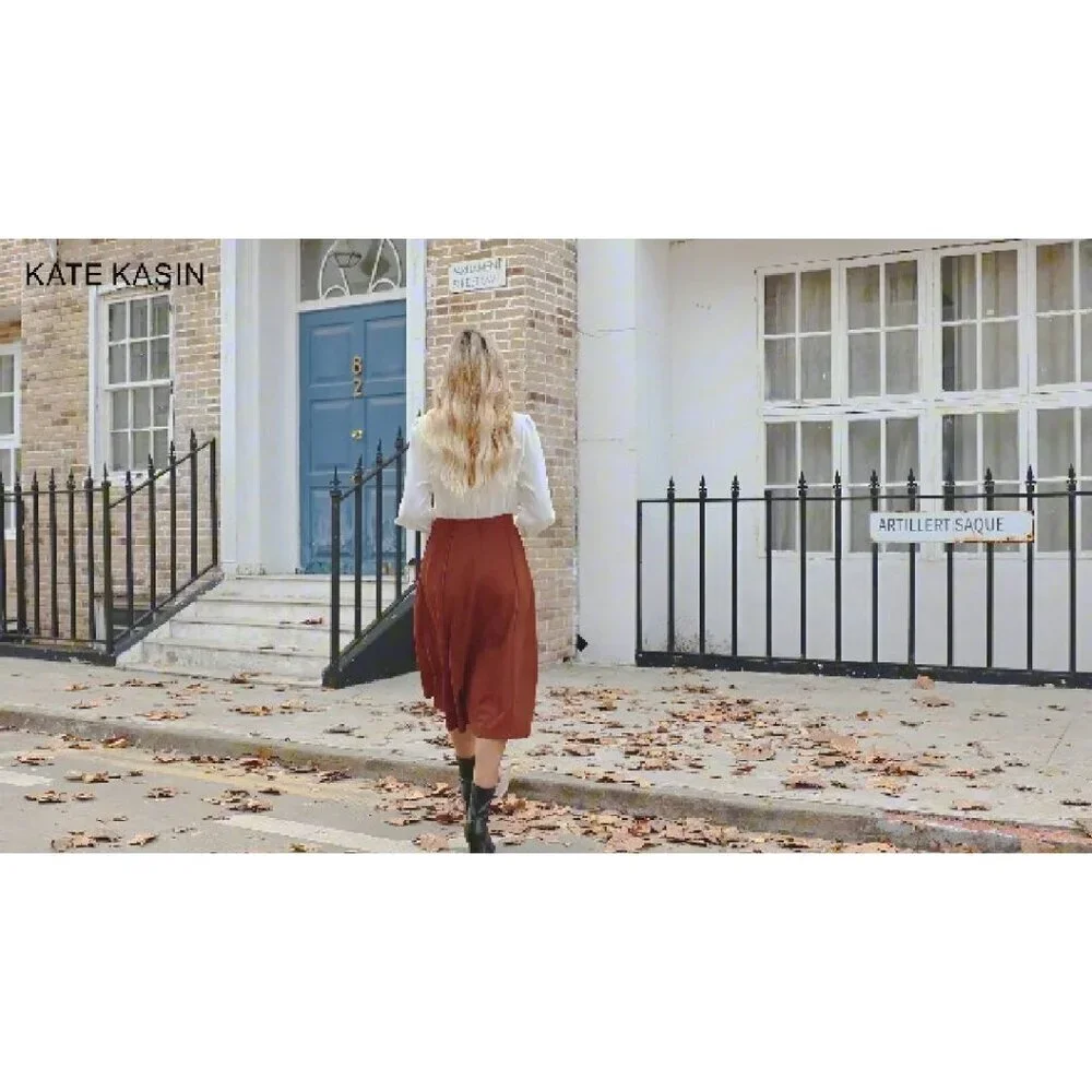 High Waisted Pleated Midi Skirt with Pockets Flowy A-Line Swing